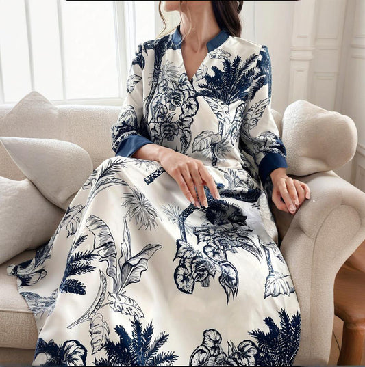 Women's Plus Size Elegant Floral Ink Painting Casual Tunic Dress Notched V Neck Long Sleeve Maxi