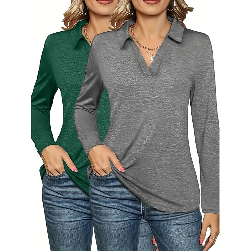 2 Packs Women's Polo Shirts Long Sleeve Business Casual Tops Collared V Neck Basic Tees