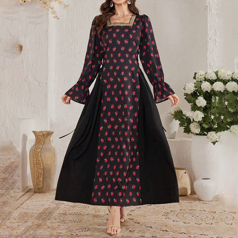 Women's Elegant Floral Print Square Neck Dress With Puff Sleeves & Cinched Waist, Summer Bohemian