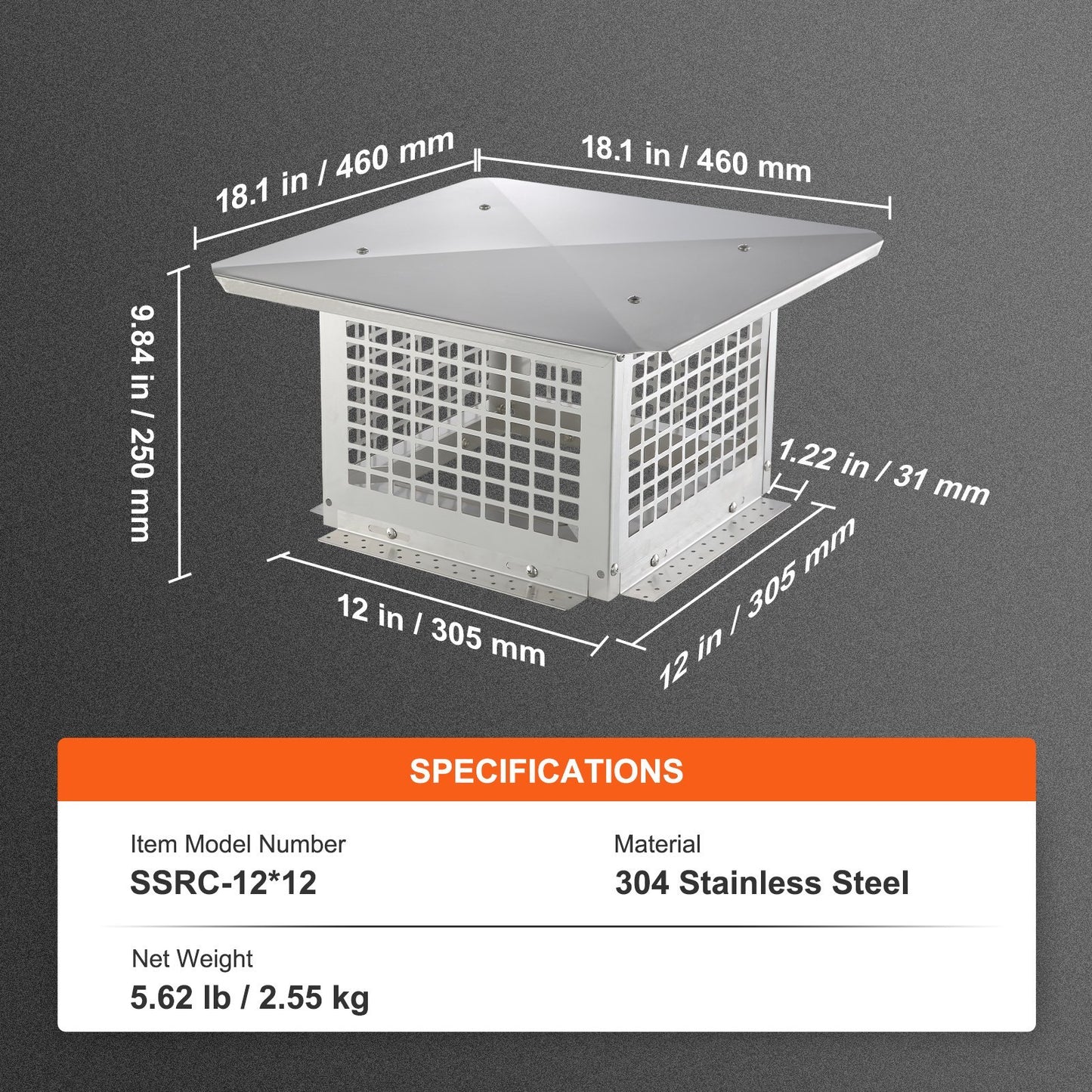 VEVOR Chimney Cap, 12 X 12 Inch, 304 Stainless Steel Fireplace Chimney Cover, Not Easily Toppled & Practical Accessories & Easy Installation, Fits Mesh Flue Covers Outside Clay Flue Shingles, Silver