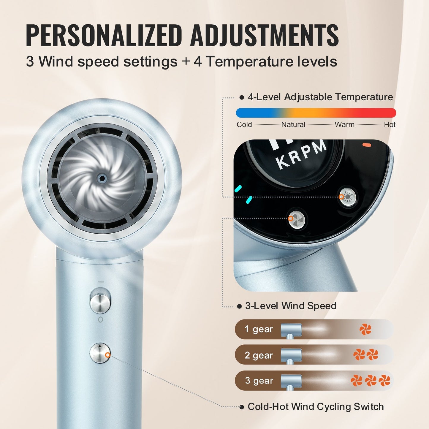 VEVOR High-Speed Hair Dryer With 105,000RPM Brushless Motor, 200 Million Negative Ions Hair Blow Dryer, 4 Temps & 3 Speeds, LCD Display Thermo-Control Hairdryer With Diffuser & Nozzle For Home Travel
