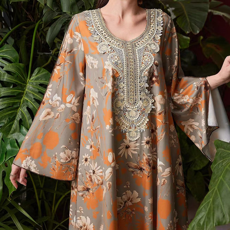 Women's Elegant Plus Size Floral Print Maxi Dress - Middle Eastern Bohemian Style Embroidery Long