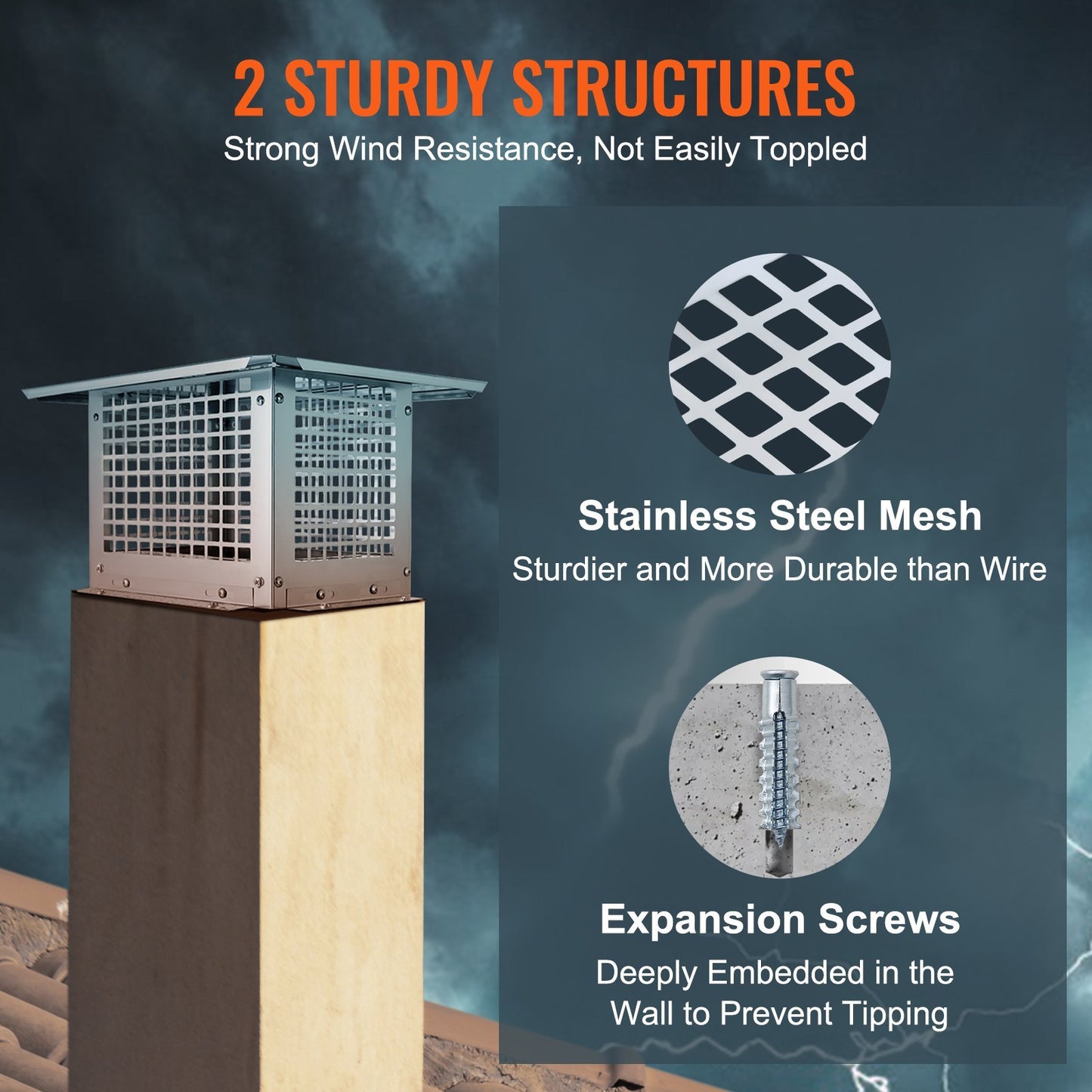 VEVOR Chimney Cap, 12 X 12 Inch, 304 Stainless Steel Fireplace Chimney Cover, Not Easily Toppled & Practical Accessories & Easy Installation, Fits Mesh Flue Covers Outside Clay Flue Shingles, Silver