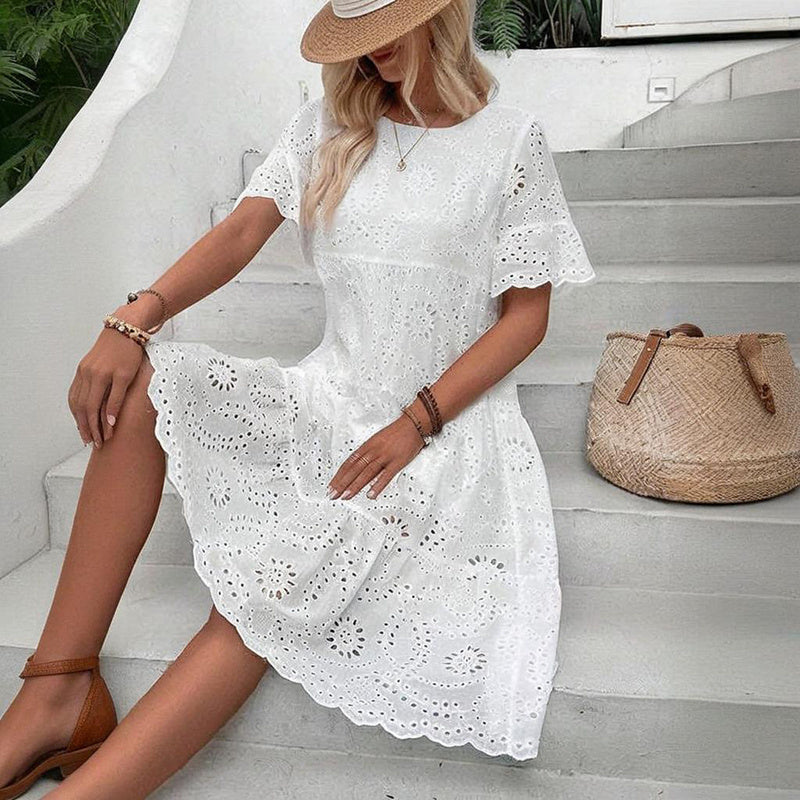 Women's Round Neck Embroidered Lace Short Sleeve A-Line Elegant Dress