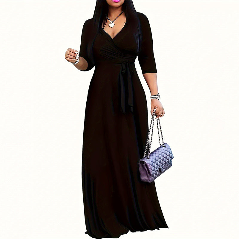 Women's V-Neck Elegant Half-Sleeve Belted Waist Print Maxi Dress