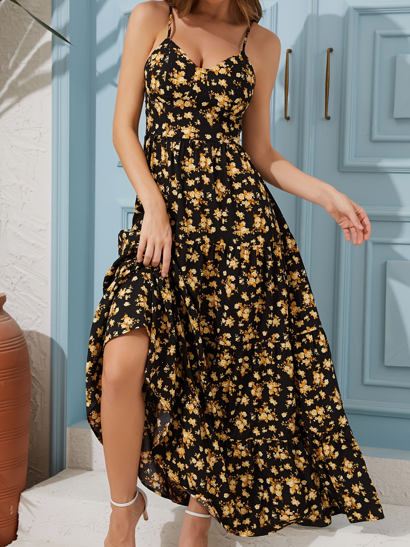 Women's Summer V-Neck Floral Print Strappy Dress Backless Bowknot Flowy Maxi