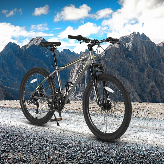 24 Inch Mountain Bike, Steel Frame, Shimano 21 Speed Mountain Bike, With Dual Disc Brakes And Front Suspension