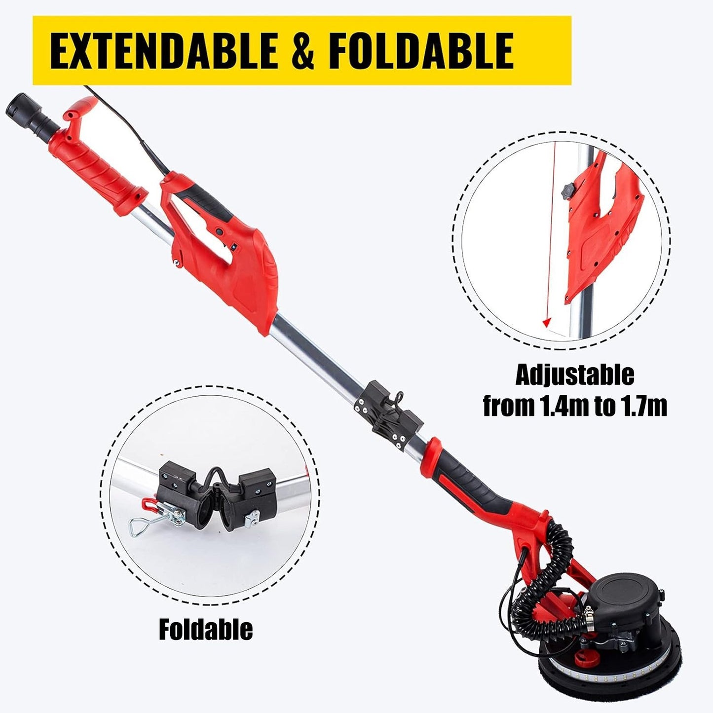 VEVOR Drywall Sander 850W, Electric Drywall Sander, Variable Speed 800-1750 RPM, Foldable Sheetrock Sander, With Telescope Handle, Electric Sander, With LED Strip Light And Vacuum Bag, Wall Sander