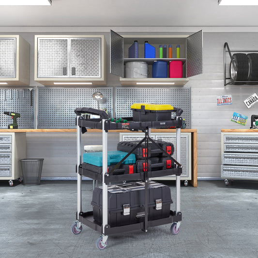 VEVOR Foldable Utility Service Cart, 3 Shelf 165LBS Heavy Duty Plastic Rolling Cart With Lockable Wheels, Ergonomic Handle, Portable Garage Tool Cart