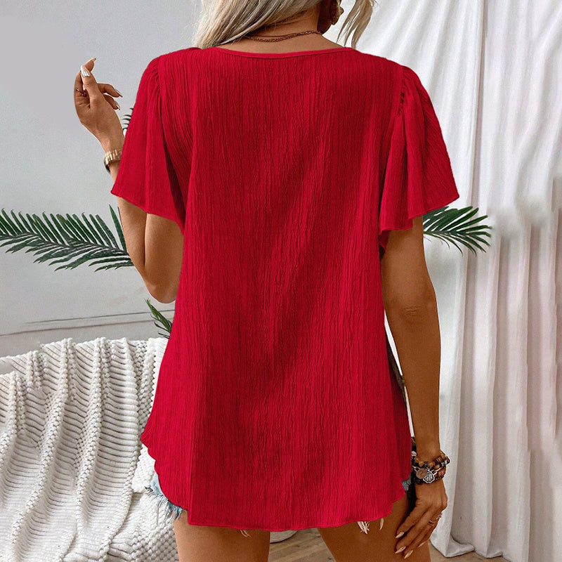 Women's Elegant Square Neck Crochet-Trimmed Geometric Floral Print Short Sleeve Shirt Casual Top