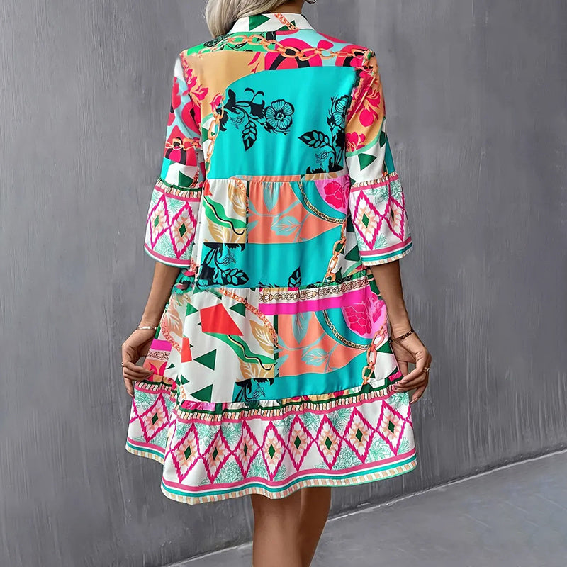 Mini Dress Casual V-Neck Printed Flared Sleeve Pleated Short Dress