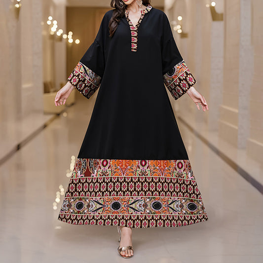 Women's Summer Plus Size Ethnic Print Boho Casual Notched V Neck Long Sleeve Maxi Dress