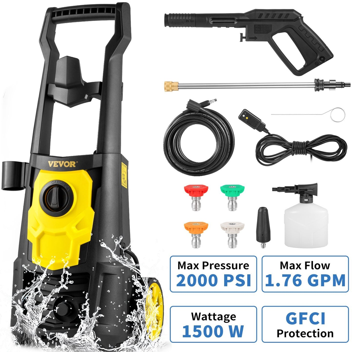 VEVOR Electric Pressure Washer, 2000 PSI, Max. 1.76 GPM Power Washer W 30 Ft Hose, 5 Quick Connect Nozzles, Foam Cannon, Portable To Clean Patios, Cars, Fences, Driveways, ETL Listed