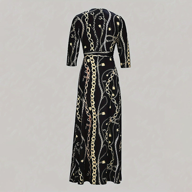 Women's V-Neck Elegant Half-Sleeve Belted Waist Print Maxi Dress