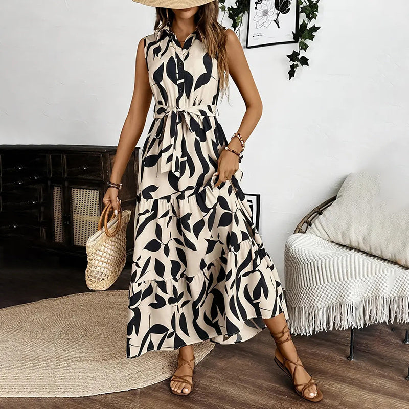 Sleeveless Boho Floral Maxi Dress Summer Button Shirt V Neck Flowy Belted Dresses