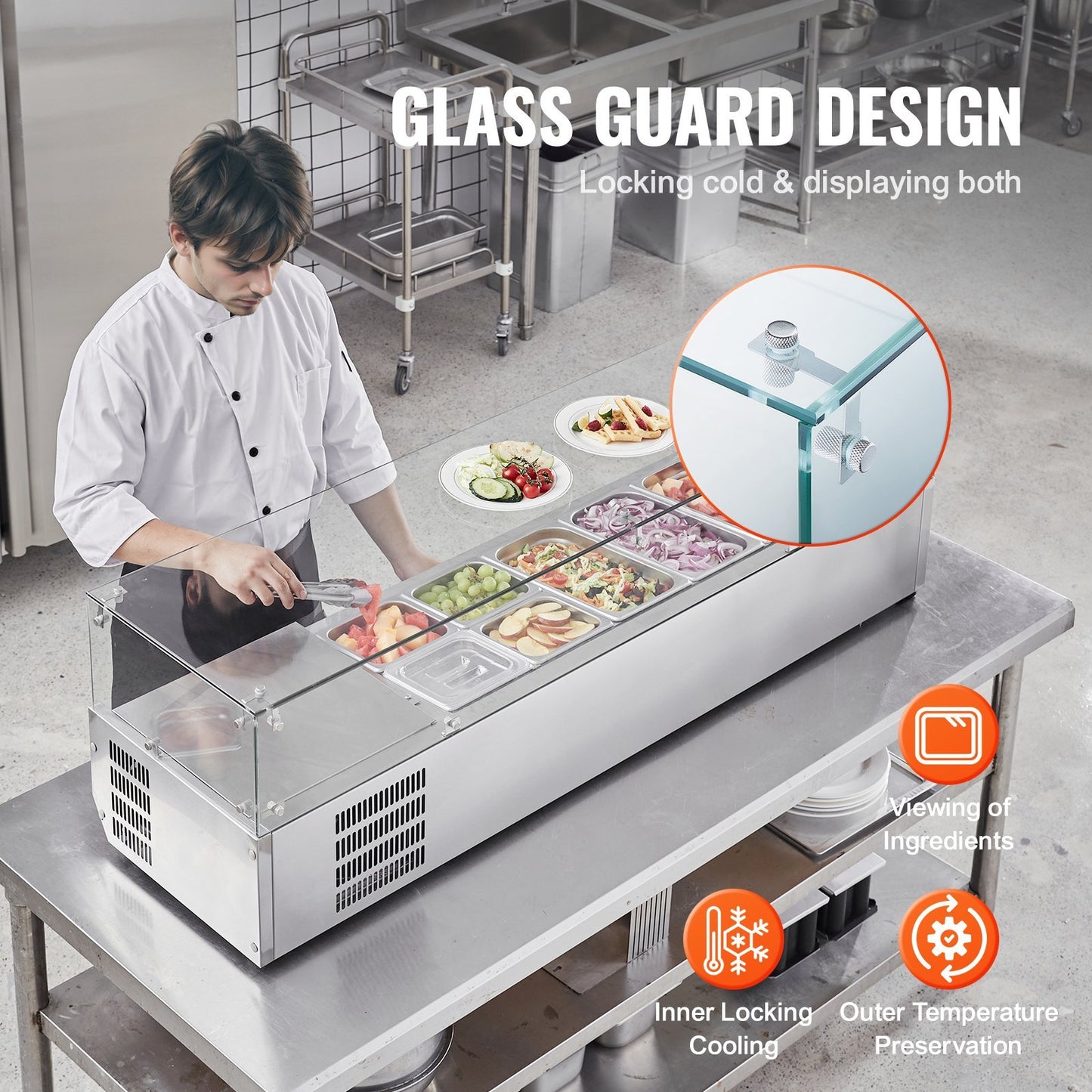 VEVOR Refrigerated Condiment Prep Station, 150 W Countertop Refrigerated Condiment Station, 304 Stainless Body And PC Lid, Sandwich Prep Table With Glass Guard, ETL