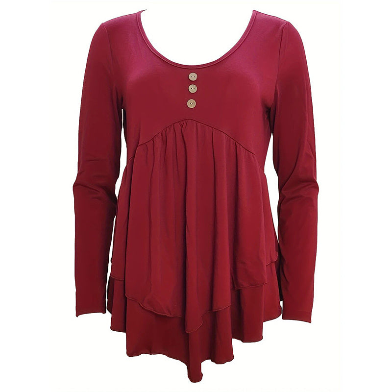 Casual Long Sleeve T-Shirt Solid Color Round Neck Layered Button Front Tunic Tops