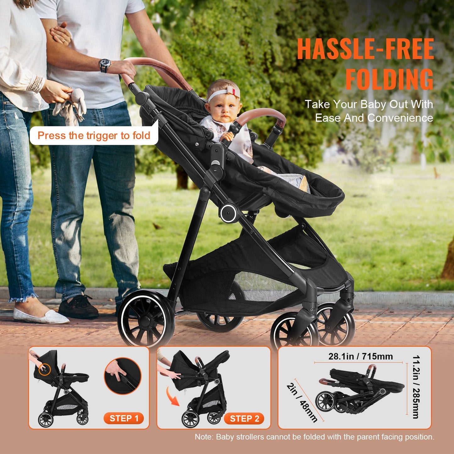 VEVOR Standard Baby Stroller, Infant Toddler Stroller With Bassinet, 3rd-Gear Adjustable Backrest  Foldable & Reversible Seat, Carbon Steel Newborn Stroller With Leg Cover And Mesh Net, Black
