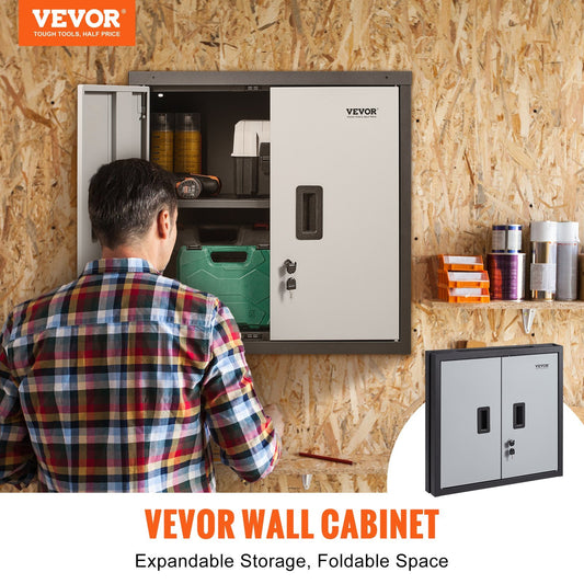 VEVOR Foldable Wall Cabinet, Metal Garage Cabinet Wall Mounted 26 Small Cabinet 240 LBS Loading Capacity Adjustable Shelf Magnetic Door File Locker For Garage Office Home Black
