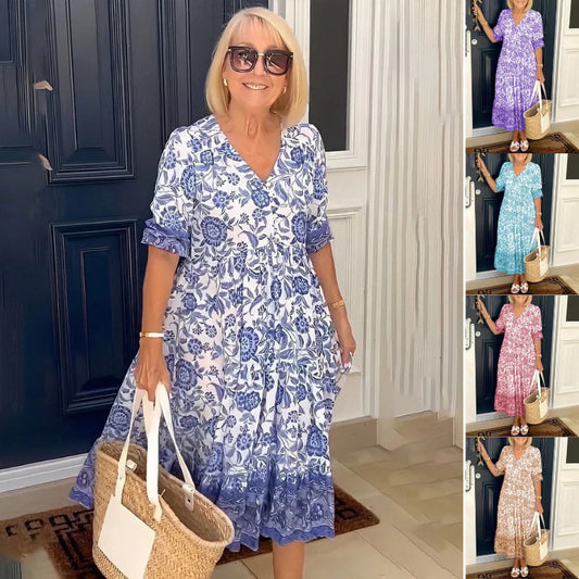 Women's Plus Size V-Neck Floral Print Dress - Loose Fit Casual