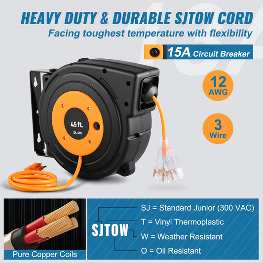 VEVOR Retractable Extension Reel, Heavy Duty 12AWG 3C SJTOW Power Cord 45 FT 12AWG, Black