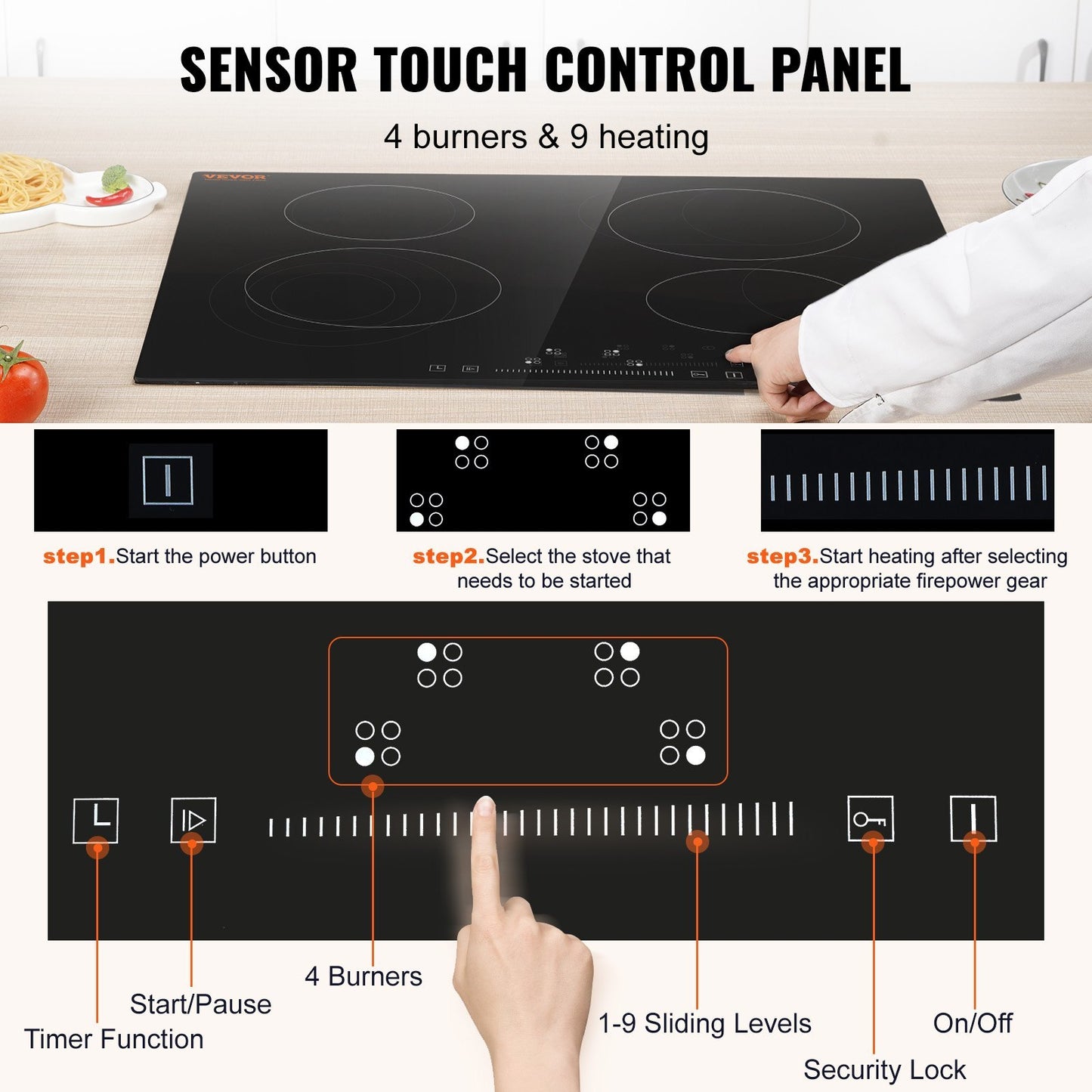 VEVOR Built In Electric Stove Top, 23.2 X 20.5 Inch 4 Burners, 240V Glass Radiant Cooktop With Sensor Touch Control, Timer & Child Lock Included, 9 Power Levels For Simmer Steam Slow Cook Fry