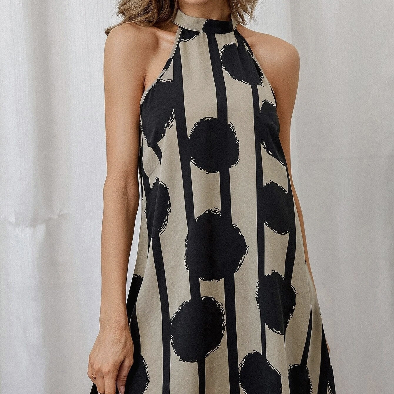 Ladies' Polka Dot Print Neck Hanging Fashion Sleeveless Off Shoulder Dress