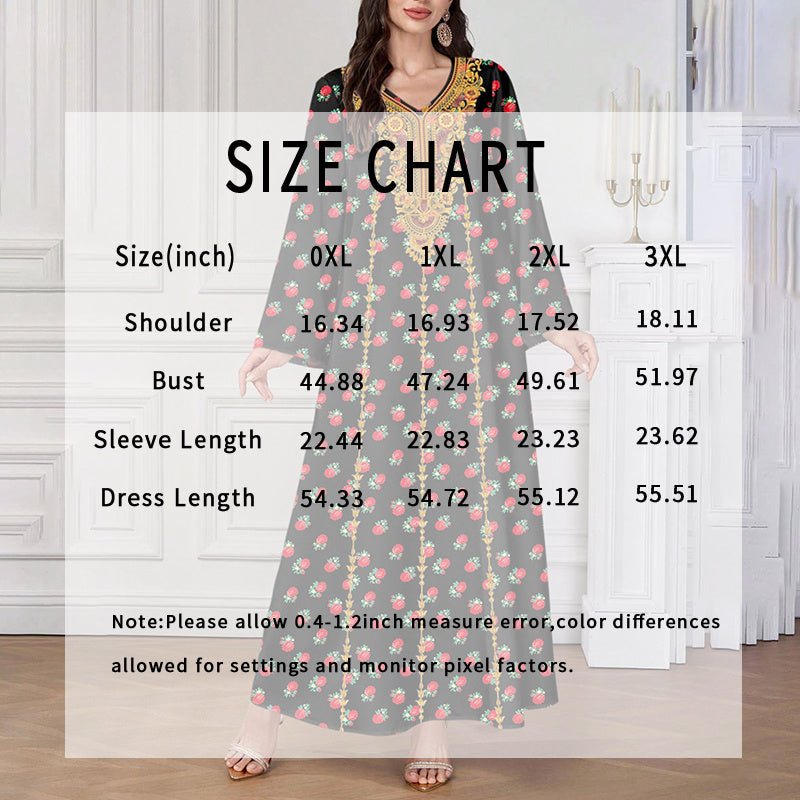 Women's Plus Size Ethnic Maxi Dress - Bohemian Embroidered Floral Print V-Neck Retro Long