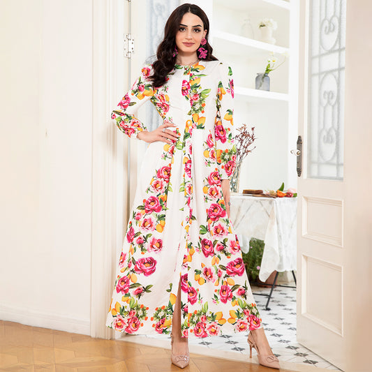 Elegant Style Round Neck Flowers Plant Buttons Puff Sleeve Long Dress