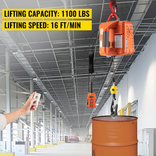 VEVOR 3-in-1 Electric Hoist Winch, 1100lbs Portable Electric Winch, 1500W 110V Power Winch Crane, 25ft Lifting Height,Wire And Wireless Remote Control, Overload Protection For Lifting Towing