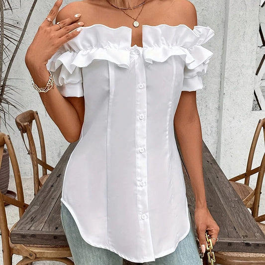 Women's Solid Color Off-Shoulder Ruffled Blouse - Waist Button-Down Shirt