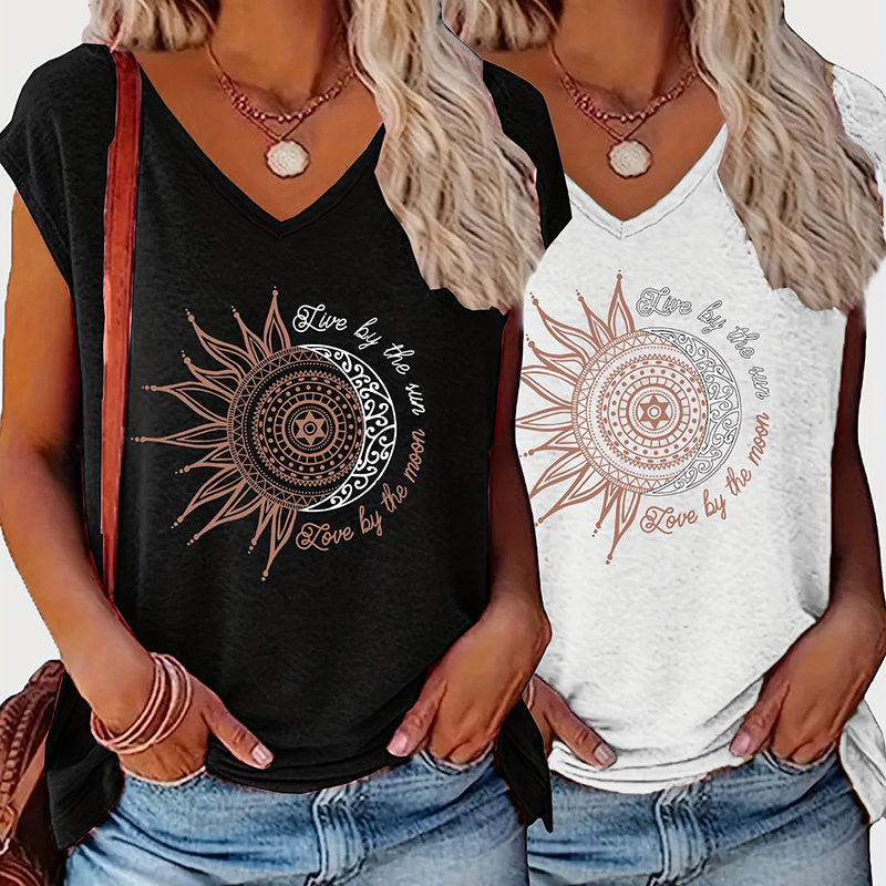 2-Pack Women's V-Neck Graphic Print Tees - Summer Casual Short Sleeve Tops