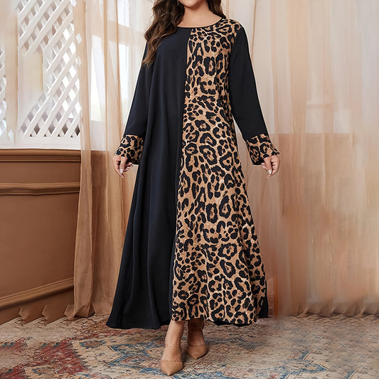 Women's Leopard Print Maxi Dress Color Block Long Sleeve Dress Casual Summer