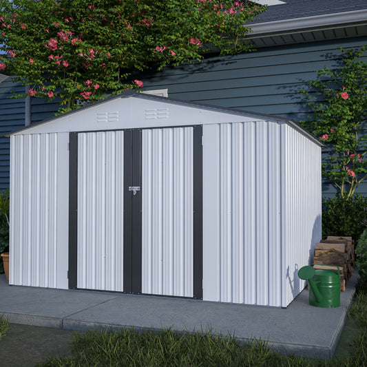 10X8 FT Outdoor Storage Shed, All Weather Metal Sheds With Metal Foundation & Lockable Doors, Tool S