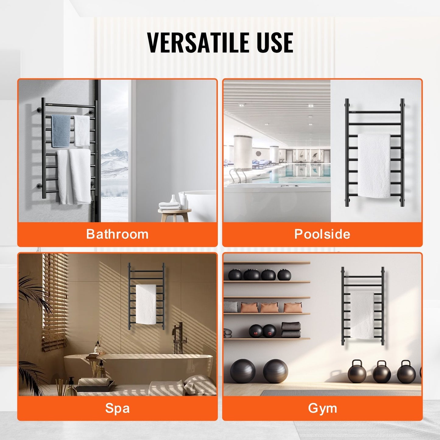 VEVOR 8 Bars Towel Warmer Rack Wall Mounted Heated Towel Rack For Bathroom Black