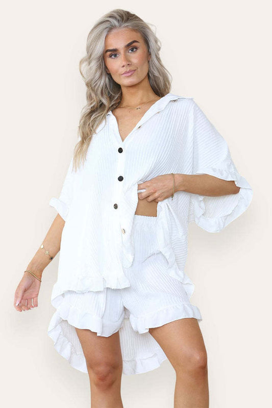 Casual Oversized Gold Button Pleated Frilled Ruffle Short Sleeves Shirt Top And Short Set