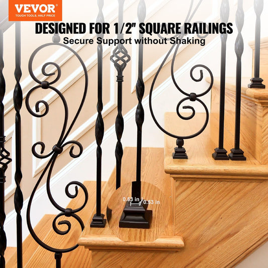 VEVOR Aluminum Alloy Baluster Shoes Stair Flat Shoe With Screw Holes For Square Scroll Basket Twist Knuckle Staircase Balusters Metal Spindle Railing, Satin Black 50 Pcs