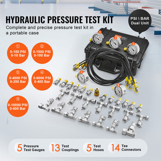 VEVOR Hydraulic Pressure Test Kit, 5 Gauges 13 Couplings 14 Tee Connectors 5 Test Hoses, Excavator Hydraulic Test Gauge Set With Carrying Case For Excavator Tractors Machinery