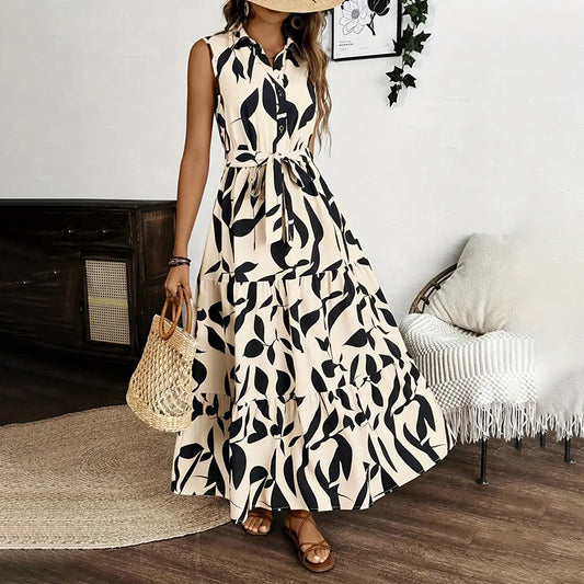 Sleeveless Boho Floral Maxi Dress Summer Button Shirt V Neck Flowy Belted Dresses