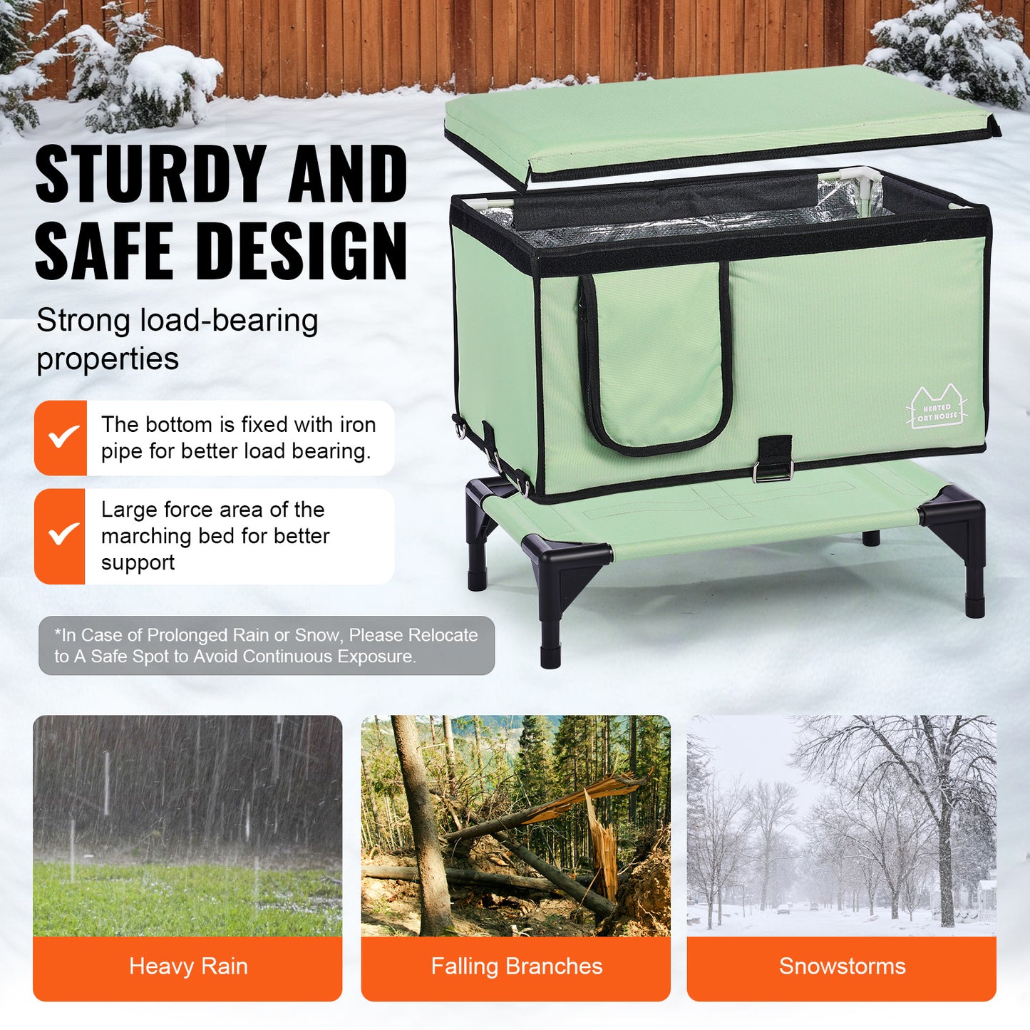 VEVOR Elevated Heated Cat House Cuboid Kitty Shelter With Heated Pad Green M