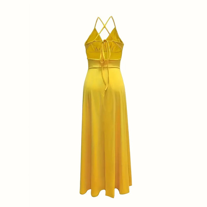 Deep V Neck Maxi Dress Spaghetti Strap Sleeveless Backless High Slit Long