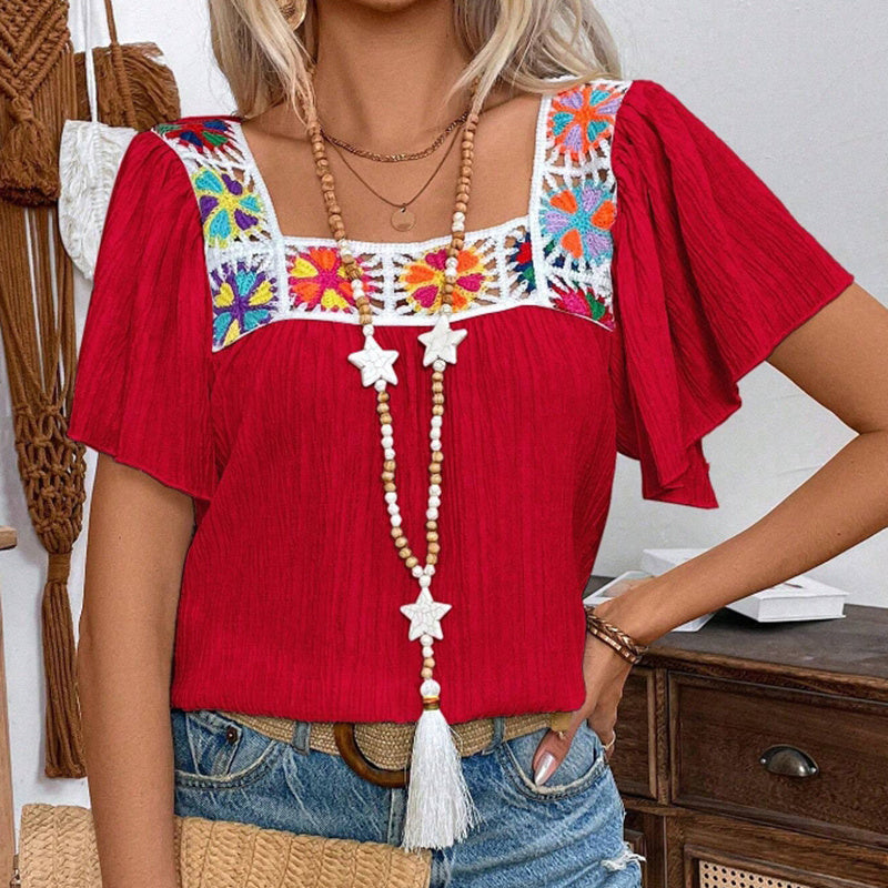 Women's Elegant Square Neck Crochet-Trimmed Geometric Floral Print Short Sleeve Shirt Casual Top