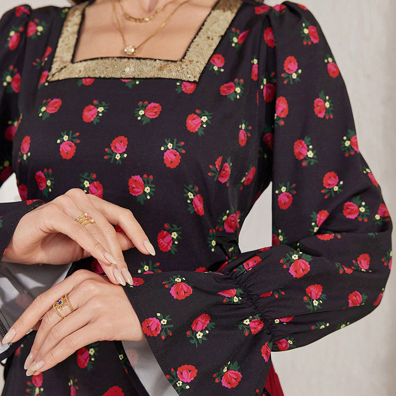 Women's Elegant Floral Print Square Neck Dress With Puff Sleeves & Cinched Waist, Summer Bohemian