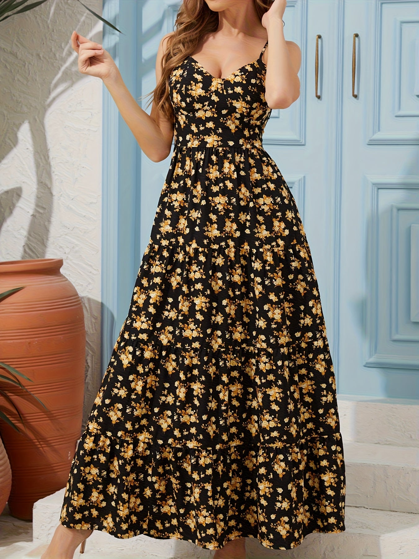 Women's Summer V-Neck Floral Print Strappy Dress Backless Bowknot Flowy Maxi