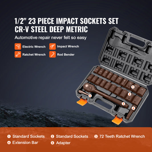VEVOR Drive Impact Socket Set, 23 Piece Socket Set SAE 6 Point Cr-V Alloy Steel For Auto Repair With Ratchet Handle Rugged Construction Storage Case