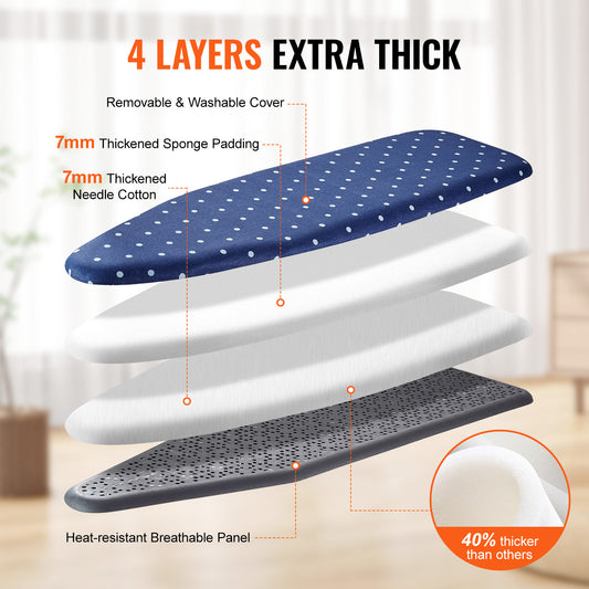 VEVOR Ironing Board With Bottom Storage Tray, Thickened 4 Layers Iron Board With Heat Resistant Cover And Cotton Cover, 10 Adjustable Heights Ironing Board For Home Laundry Room Use