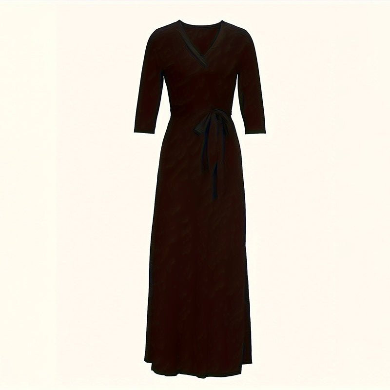 Women's V-Neck Elegant Half-Sleeve Belted Waist Print Maxi Dress
