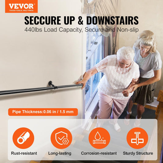 VEVOR Pipe Stair Handrail, 6FT Staircase Handrail, 440LBS Load Capacity Carbon Steel Pipe Handrail, Industrial Pipe Handrail With Wall Mount Support, Round Corner Wall Handrailings For Indoor, Outdoor