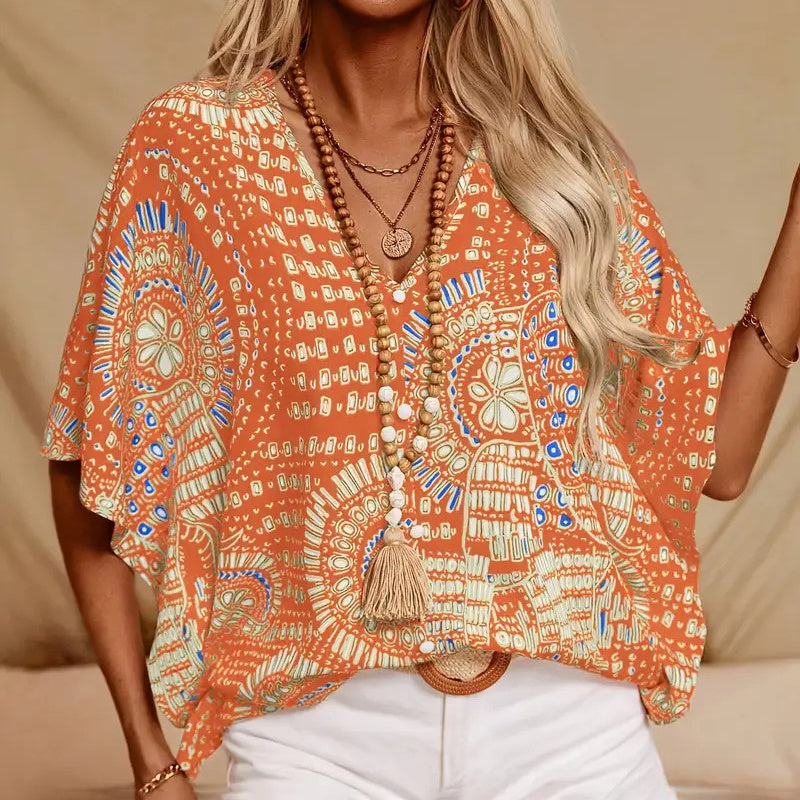 Women's V-Neck Mandala Print Blouse Short Batwing Sleeve Casual Vacation Top