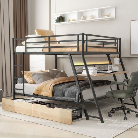 Full Size Metal Bunk Bed With Built-in Desk, Light And 2 Drawers, Black
